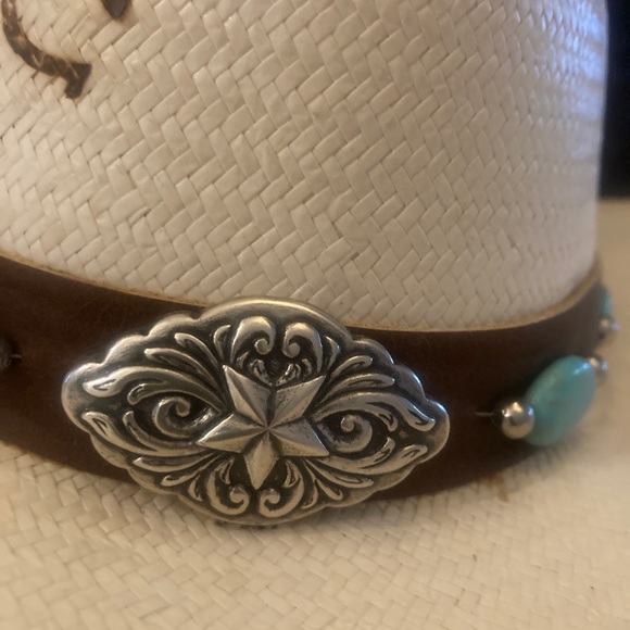 RARE Vintage Hard Straw Charlie Horse Real Turquoise Beads, chin strap, white S - Picture 13 of 14